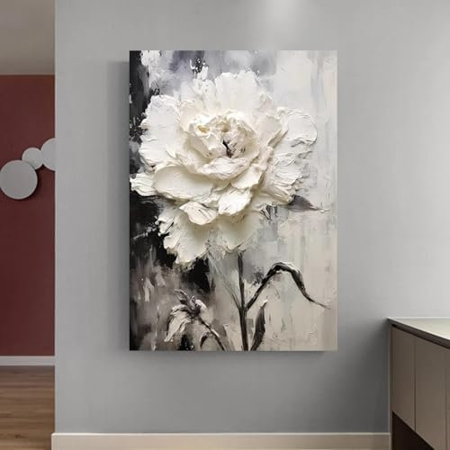 Peinture à l'huile abstraite de fleurs blanches imprimée sur toile, affiches et impressions florales blanches pour décoration murale de porche, salon, 60 x 90 cm (24 x 35 pouces), cadre interne
