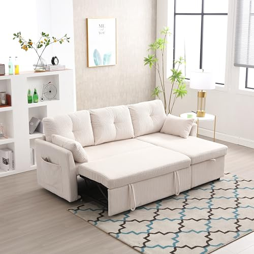 MURUL Multi-Functional Sofa Bed with Storage and Pull-Out Bed, Chaise Longue Interchangeable Sofa Bed, sectional Sofa with Storage Seats, modular Corner Sofa for Living Rooms (Beige 2)