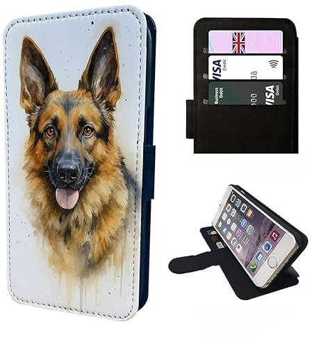 German Shepherd Wallet Phone Case – Dogs Animal Faux Leather Flip Cover with Card Slots – Compatible with iPhone SE, 7, 8, X, XR, 11, 12, 13, 14, 15, 16, 16E, 17 (Air, Plus, Mini, Pro, Max Models)