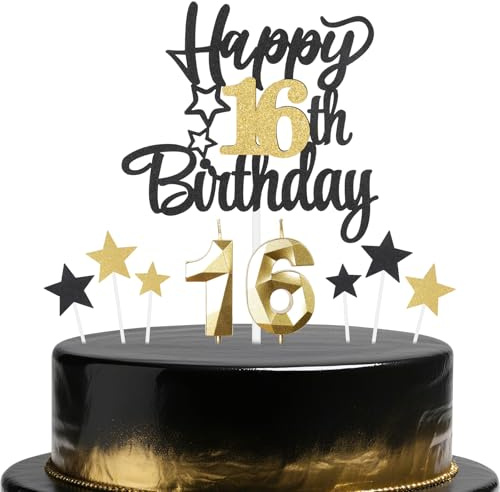 Black Gold 16th Birthday Candles Cake Toppers Set,16th Birthday Decorations for Boy,Golden Number 16 Candle for Cake,Gold Candle Black Star Cupcake Toppers for Girls Boys Birthday Party Supplies