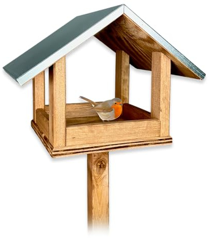 GARTENETAGE Selbststehendes Vogelhaus mit Metalldach – Wetterfestes Futterhaus aus Kiefernholz für Wildvögel, Garten, kleine und mittlere Vögel, leicht zu reinigen, robust & langlebig