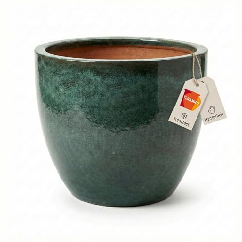 teramico Pot de Fleurs de qualité supérieure en céramique émaillée, 100% résistant au Gel et Fait à la Main, bac à Fleurs avec Trou (Vert Mousse, 29cm x 23cm)