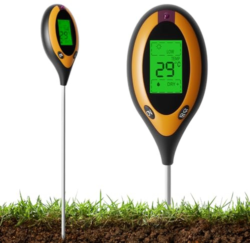 Bodenanalyse Rasen 4-in-1 Messgerät, Ph Wert Rasen Messen Digital, Boden Ph Test mit Feuchtigkeit, Temperatur & Sonnenlicht, Rasen Ph Wert Tester für Garten, Landwirtschaft und Outdoor Pflanzen