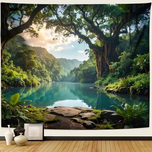 Dsnyu Wandteppich Natur Klein, Wandteppich Wandtuch Landschaft | Wandvorhang Grün Baum Seen Wandbehang Wald Tapestry Polyester 150x130cm