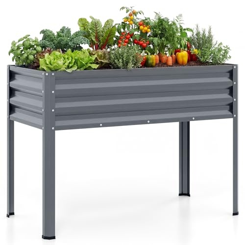 COSTWAY Jardinière Surélevée en Métal 142 L (Gris) | Carré Potager sur Pied avec Trous Drainage, pour Balcon Terrasse, Lit de Jardin pour Légumes Fleurs Fruits, 112 x 55 x 81 cm