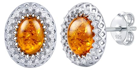 ALUA Goddess Ostsee-Bernstein Zirkonia Ohrringe 925 Silber Ohrstecker Oval | Echter Bernstein Zertifiziert - Damen Schmuck