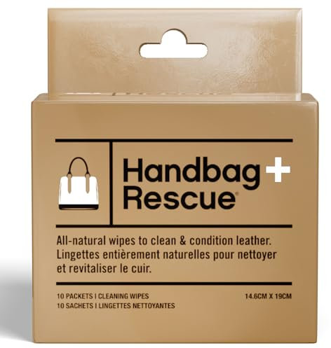 HandBagRescue Lingette de nettoyage naturelle pour sacs à main en cuir Élimine la saleté, la crasse et les taches de surface. Boîte de 10 lingettes emballées individuellement.