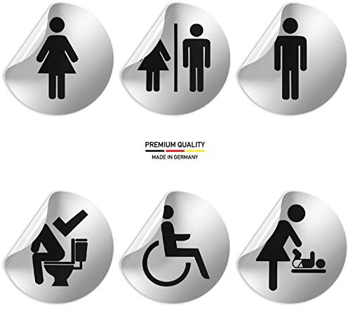 Kinekt3d Leitsysteme Folienschild Schild - D = 100 mm PVC Silber - Robuste Kratzfeste Folie - UV beständig - Perfekt für Glastüren und alle glatten Flächen (WC Toiletten Set 6 Stück (Design A))