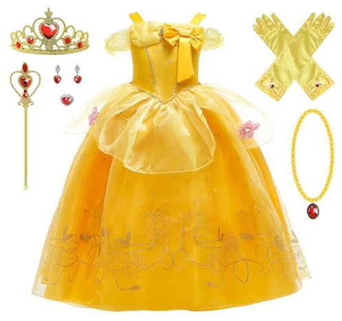 YOSICIL Disfraz Princesa Niña Vestido Trajes Belle Tul la Bella y la Bestia Carnaval Fiesta Cumpleaños Halloween Cosplay Festival Partido, Fuera del Hombro,Amarillo B,100