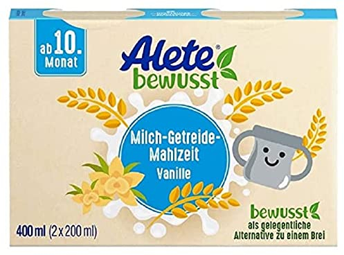 Alete bewusst Milch-Getreide-Mahlzeit Vanille, ab dem 10. Monat, trinkfertige Babynahrung mit Vanille-Aroma, praktischer Ersatz zu Babybrei, warm oder kalt trinken, 400 ml (2 x 200 ml)