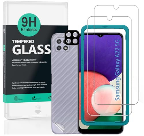Ibywind 2 Pièce Verre Trempé pour Samsung Galaxy A22 5G 6.6,avec Caméra Arrière Protecteur,Protection arrière Effet Fibre de Carbone