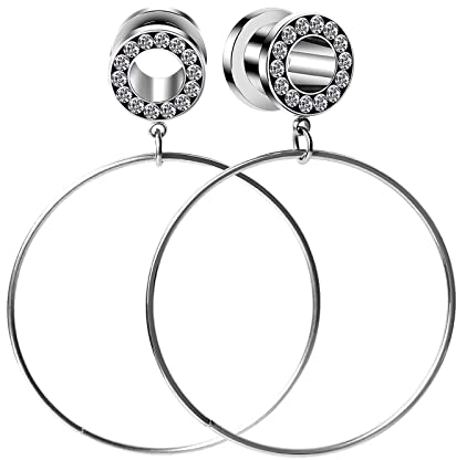 Lieson Plug Flesh Tunnel, 2 Stück Tunnel Edelstahl Set Mit Anhänger Groß Creolen Zirkonia 8mm Flesh Tunnel Silber