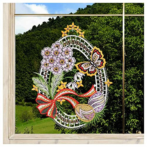 DSD Design-Studio Drechsler Fensterbild Osterei mit Schmetterling Plauener Stickerei Spitzenbild mit Frühlingsblumen helllila 24 x 18 cm