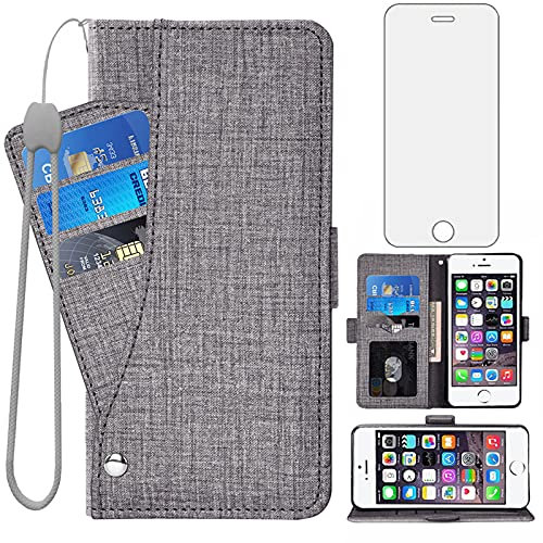 Asuwish Compatible with iPhone 5S 5 SE 2016 1 1st Gen 5SE Wallet Case and Tempered Glass Screen Protector Flip Cover Card Holder Cell Phone Cases for iPhone5 iPhone5s iPhoneSE iPhone6se i 6SE Gray