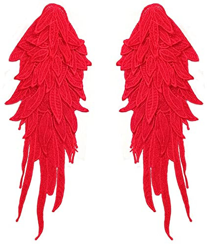 Duories 1 Paar 3D Stickerei Spitze Bestickte Flügel Applikation DIY Kleidung Zubehör Mehrfarbig Spitzenmotive Patches Polyester Nähen Handwerk Zubehör,Ideal für Hochzeit Braut Ballkleid,39x15cm,Rot