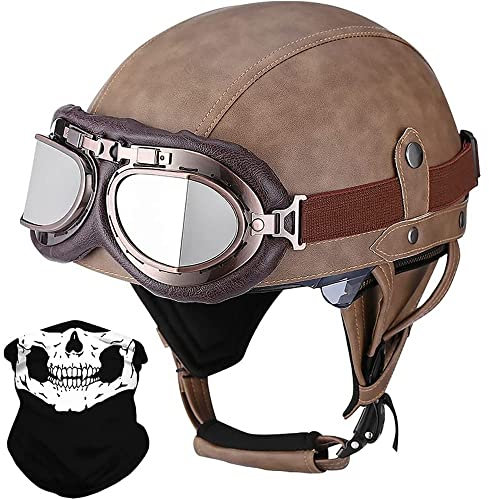 ECE Approved Motorcycle Half Helmet with German Style Leather and Goggles, Open Face Half Shell Helmet with Free Sun Visor Cap for Cruiser Scooter Chopper Riders B,S(55-56CM)