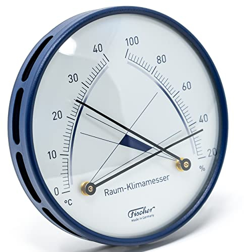 Fischer 142.48 - Raum-Klimamesser - 100mm Synthetic-Hygrometer und Bimetall-Thermometer Made in Germany - Edelstahl blau