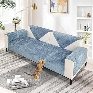 TOPCHANCES Sofabezug Chenille 1 2 3 4 Sitzer,L Form Sofa Überwurfdecke Sofaüberzug Ecksofa,Sofaschoner rutschfest Klare Textur Für Hunde Wohnzimmer Couch Cover(Seeblau,110×110cm 1pcs)