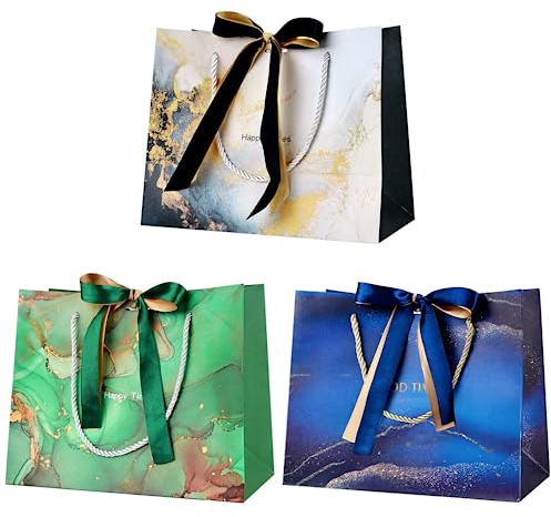 3 Stück Geschenktüte mit Schleife, Geschenktüten mit Henkel und Seiden, Marmormuster Papier Geschenktüte für Urlaub, Geburtstag, Weihnachten, Hochzeit, Party