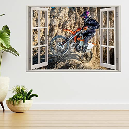 Wandtattoo Rissig DIY Fototapete Dirt Biker Jumping, Rocky Section 3D Window View Wall Sticker Poster Decal 70x100CM