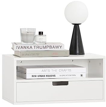 SoBuy Floating Bedside Table – Space-Saving Wall Shelf with Drawer & Open Shelf, Wall-Mounted Nightstand for Bedroom, W45 x D25 x H22cm, White, NKD03-W