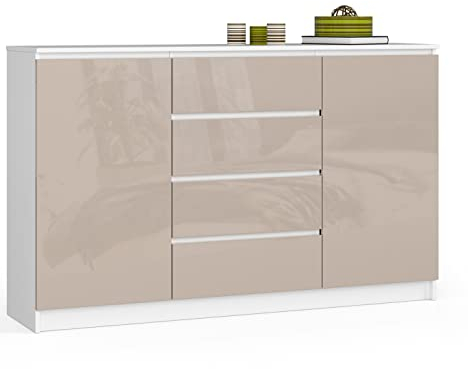 BDW Kommode Hochglanz mit 4 Schubladen und 2 Türen für Schlafzimmer, Wohnzimmer, Flur, Büro - Modernes Design - Aufbewahrungsmöbel - Geräumige Kommode - 160 x 99 x 35 cm - Weiß-Cappuccino