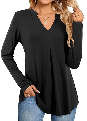 Beluring Womens T-Shirts Long Sleeve Blouse V Neck Loose Fit Shirts, Black Size 20 22