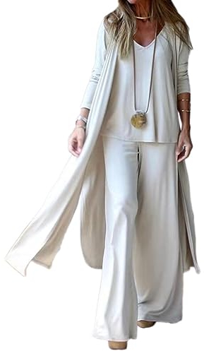 shownicer Hosenanzug Damen 3-teiliges Lounge-Set Casual Einfarbig Outfits Streetwear Freizeitanzug 3PCS Sets Tank Top und Hoher Taille Lange Weites Bein Hosen und Mantel Sets B Weiß L