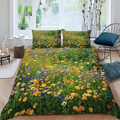 SIVAGA Blumenwiese Bettwäsche 155x220 Weich Kuschelige Mikrofaser 3D Druck Blumenwiese Bettwäsche-Sets Bettbezug und 2 Kissenbezug 80x80 cm mit Reißverschluss
