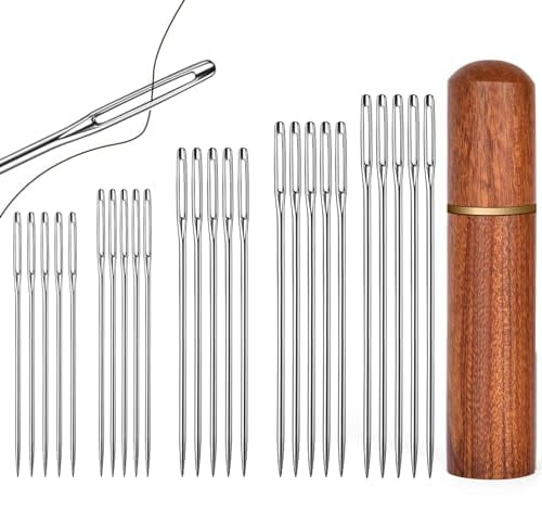 HOTUT 25 Pezzi Aghi per Cucire di Grande Occhio in Acciaio, 5 Taglie Ago da Ricamo con Scatola degli Aghi in Legno, Aghi per Cucire a Mano per Progetti di Cucito a Mano e Cucito, Aghi da Cucito