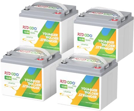 Redodo 12V 50Ah(4 Pack) Batterie LiFepo4,Batterie Lithium Légère Pèse 5,29 Kg,60% Plus Etite Que AGM,Convient Parfaitement pour Trolling Motor,Systèmes Solaires,Camping,Pêche