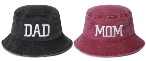 Dad and Mom Bucket Hats, 2 Pcs 3D Embroidered Adjustable Washed Bucket Hats Parents Couples Cap Classic Mom Dad Gift Hat, Schwarz Dad+Wein Rot Mama, Einheitsgröße