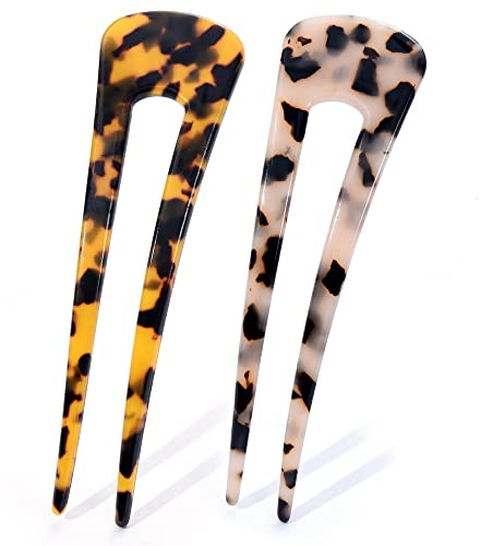 2 Pack French U Shaped Pins Hair Fork Pin For French Twist Chignon Pins Large French Tortoiseshell Hairpins For Women With Thicker Fine Hair