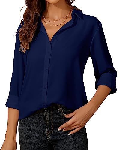 SPRING SEAON Womens Blouse Long Sleeve Chiffon V-Neck Button Down Shirt Casual Office Work Tops for Ladies Navy Blue