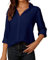 SPRING SEAON Womens Blouse Long Sleeve Chiffon V-Neck Button Down Shirt Casual Office Work Tops for Ladies Navy Blue