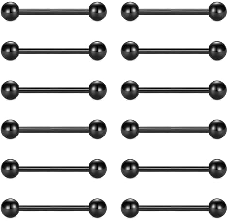 FECTAS 12stk Zunge Bars Nippel Bars Nippel Piercing Schmuck 14G 18mm Zunge Bar Piercing Edelstahl Schwarz Nippel Zunge Piercing Schmuck