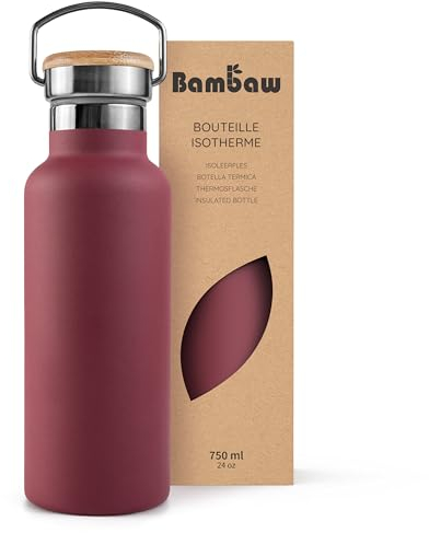 Bambaw Botella térmica 750ml, Botella agua roja, Botella agua acero inoxidable 750ml, Botella agua gimnasio, Botella isotérmica, Botella de agua deportiva – Rojo cereza