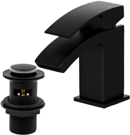 Waterfall Bathroom Sink Taps with Drain, BATHWEST Matte Black Square Basin Taps with Pop Up Waste, Monobloc Brass Bathroom Taps with Sink Plug 322NB