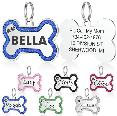 Hundemarke mit Gravur - YEHANTI Personalisierte Anhänger für kleine bis mittelgroße Hunde in Glitzerknochen - Edelstahl Hundemarke Personalisiert mit Name, Telefonnummer und Adresse (Blau, Große)