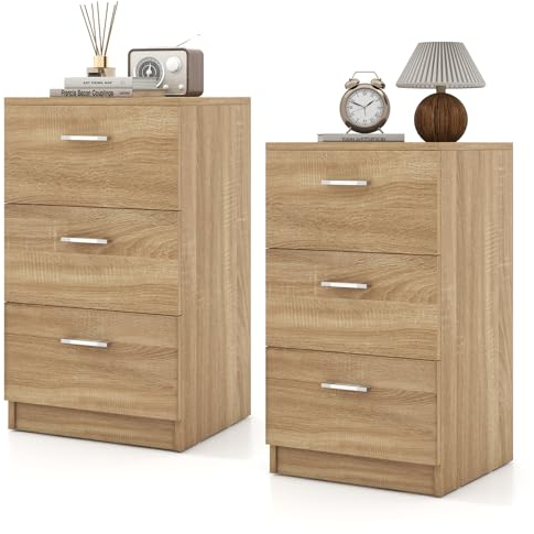 COSTWAY 2er Set Nachttisch mit 3 Schubladen, Nachtschrank für Boxspringbett, Nachtkommode, Nachtkonsole, Beistelltisch für Schlafzimmer, Wohnzimmer, 38 x 35 x 66 cm, Natur