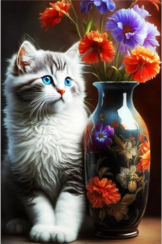 5D Diamond Painting Katze Diamant Painting Bilder Vase Diamond Painting Erwachsene Groß xxl 150x100cm Diamond-Painting Full DIY Diamant Kunst Malerei Stickerei Kreuzstich Bilder Home Wand Dekor ZP2925