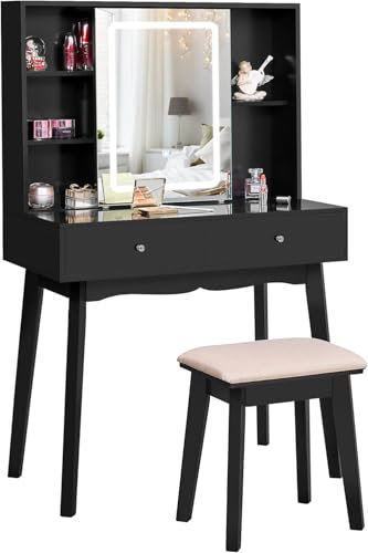 BEWISHOME Schminktisch mit Beleuchtung, Einstellbarer Helligkeit, Kosmetiktisch mit Schiebespiegel, Schminktische Frisiertisch Schminktisch Klein, Schminktisch mit hocker 2 Schubladen Schwarz EFST15H