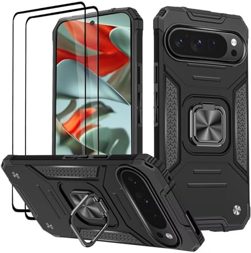 KANSi Cover per Google Pixel 9 Pro XL, Vetro Temperato [2 Pack] Custodie Silicone TPU 360° Rotante Anello Magnetica Anello Ring Supporto Bumper - Nero
