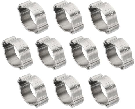 PATIKIL 10 Piezas Abrazadera de Doble Oreja 13-15mm Anillos de Abrazadera de Acero Inoxidable 304 para Conexiones de Tubos de Combustible Gasolina Tono Plateado