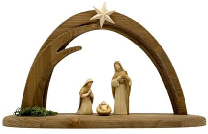 Akantus Krippe aus Holz: Heilige Familie (gebeizt) mit Krippenbogen (12 cm)
