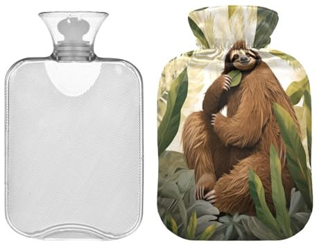 SKYSHU Sloth Hot Water Bottle, 1L Transparent Leakproof Hot Water Bag Washable Heat Resistant Water Bottle with Soft Plush Cover for Menstrual Cramps Neck and Shoulder Pain Relief