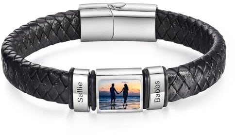 ALBERTBAND Personalisierte Armbänder für Männer Lederarmband mit Namen Foto Gravur Geschenke für Männer Papa Ehemann Freund Großvater (Silber-2 name)