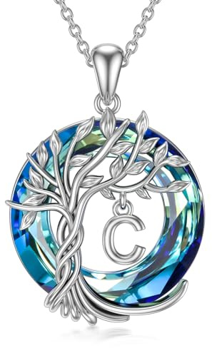 TOUPOP Lebensbaum buchstaben Kette Damen 925 Sterling silber Baum des Lebens Anfangsbuchstaben C Anhänger Blau Kristall Kreis Schmuck Geburtstag Weihnachten Geschenk für Frauen Damen Mädchen