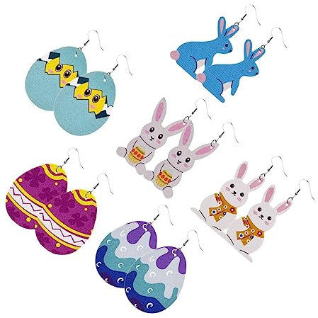 DEARMAMY 6 Paare Ostern Ohrringe Osterohrringe Osterohrstecker Osterhasen Ohrringe Ohranhänger in Eiform Schöner Osterohrring Osterhasen-ohrhaken Ei-ohrstecker Ohrring in Hasenform Leder