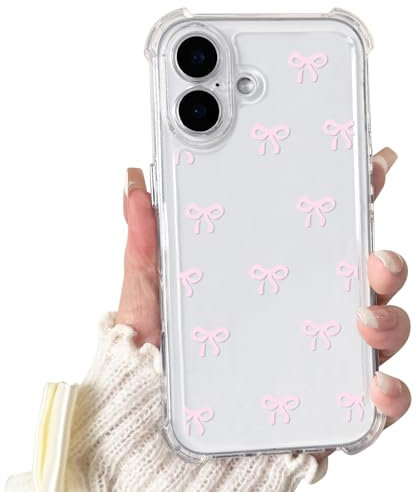 NITITOP Compatible with iPhone 16 Plus Case Clear Cute Pink Bow Bowknot Ribbon Pattern with Four Corners for Women Girls Cutely Soft TPU Shock-absorbing Protective Cover - Pink